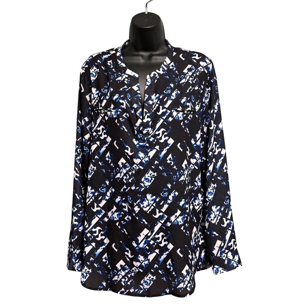Mossimo Women XL Navy Blue Abstract Geometric Split V-Neck Long Sleeve Blouse